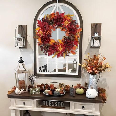 24" Artificial Fall Floral Wreath for Front Door Autumn Wreath with Pumpkin Peony Hydrangea for Halloween Thanksgiving Day Indoor Outdoor Farmhouse Window Wall Décor in Kuwait
