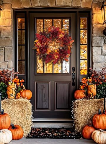 24" Artificial Fall Floral Wreath for Front Door Autumn Wreath with Pumpkin Peony Hydrangea for Halloween Thanksgiving Day Indoor Outdoor Farmhouse Window Wall Décor in Kuwait