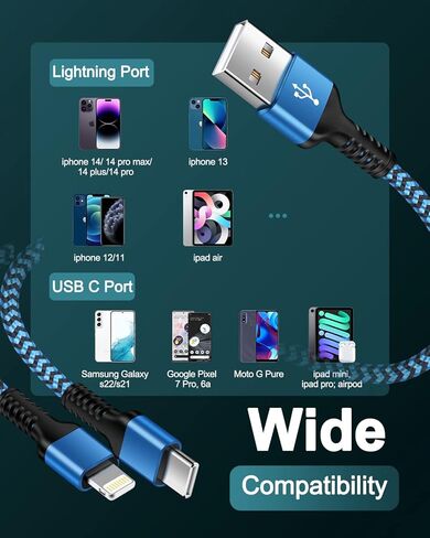 3Pack Lightning Charger Cable for iPhone 14/13 Pro Max/13Pro/13 Mini/12/11/10/X/XR/XS/8 Plus, 6Ft Apple Original Braided Long Charging Cords Fast Charging Lightening Multicolor Powerline Chord Wire in Kuwait