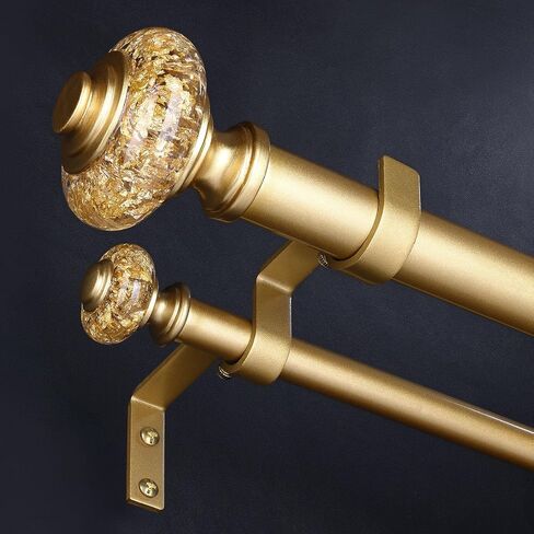 Gold Double Curtain Rods for Windows 72 to 144 Inch, 1 Inch Adjustable Decorative Crystal Long Dual Curtain Rod, Heavy Duty Vintage Double Drapery Pole with Gold Foil Finials for Living Room in Kuwait
