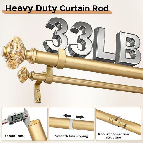 Gold Double Curtain Rods for Windows 72 to 144 Inch, 1 Inch Adjustable Decorative Crystal Long Dual Curtain Rod, Heavy Duty Vintage Double Drapery Pole with Gold Foil Finials for Living Room in Kuwait