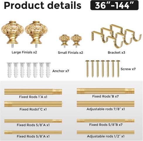 Gold Double Curtain Rods for Windows 72 to 144 Inch, 1 Inch Adjustable Decorative Crystal Long Dual Curtain Rod, Heavy Duty Vintage Double Drapery Pole with Gold Foil Finials for Living Room in Kuwait
