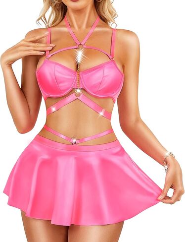 RSLOVE Faux Leather Lingerie for Women - Sexy Strappy Lingerie Set with Push Up Bra Choker Mini Skirt and Thong in Kuwait