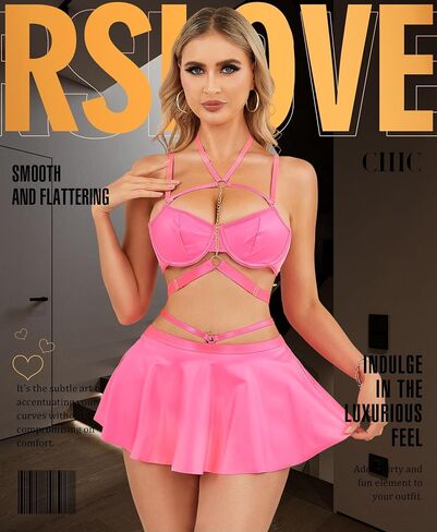 RSLOVE Faux Leather Lingerie for Women - Sexy Strappy Lingerie Set with Push Up Bra Choker Mini Skirt and Thong in Kuwait