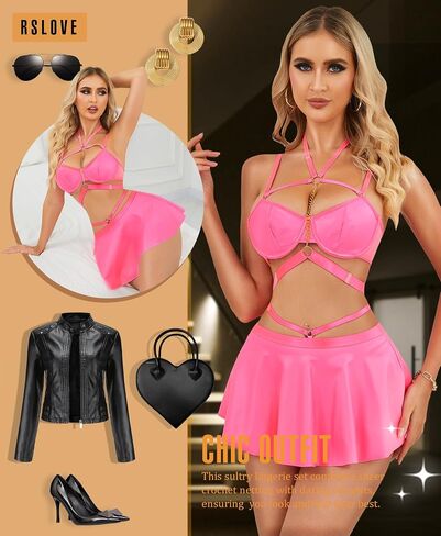 RSLOVE Faux Leather Lingerie for Women - Sexy Strappy Lingerie Set with Push Up Bra Choker Mini Skirt and Thong in Kuwait