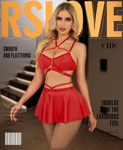RSLOVE Faux Leather Lingerie for Women - Sexy Strappy Lingerie Set with Push Up Bra Choker Mini Skirt and Thong in Saudi Arabia