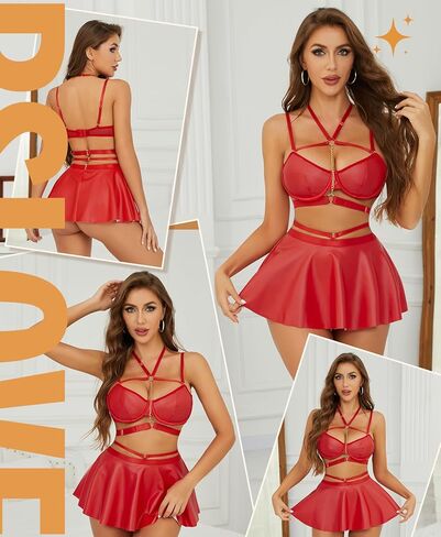 RSLOVE Faux Leather Lingerie for Women - Sexy Strappy Lingerie Set with Push Up Bra Choker Mini Skirt and Thong in Saudi Arabia
