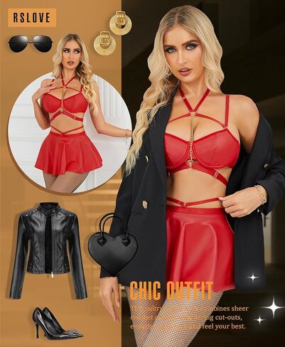 RSLOVE Faux Leather Lingerie for Women - Sexy Strappy Lingerie Set with Push Up Bra Choker Mini Skirt and Thong in Saudi Arabia