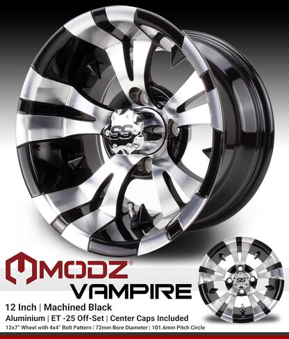 MODZ® Vampire Machined Black 12" Golf Cart Wheels and Arisun Cruze (215/35-12) DOT Low Profile Golf Cart Tires Combo - Set of 4 in Saudi Arabia