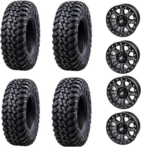 Four 32x10-14 Tusk TERRABITE Heavy Duty 8-Ply Radial UTV Tires mounted on Tusk UINTA Beadlock Wheels - For POLARIS applications - 4/156 bolt pattern - Includes Lug Nuts (4+3 Wheel Offset, Gun Metal) in Saudi Arabia