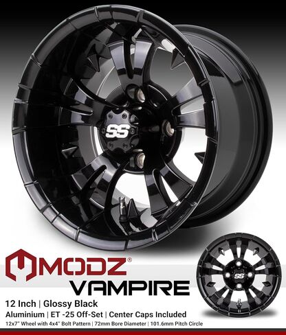 MODZ® Vampire Machined Black 12" Golf Cart Wheels and Arisun Cruze (215/35-12) DOT Low Profile Golf Cart Tires Combo - Set of 4 in Kuwait