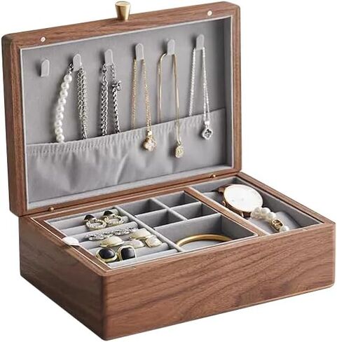 Black Walnut Solid Wooden Jewelry Box for Women, 2 Layer Classical Organizer with Removable Tray for Rings Necklaces Earrings Bracelet Watch Storage Birthday Gifts (2 Layer - White velvet) in Kuwait