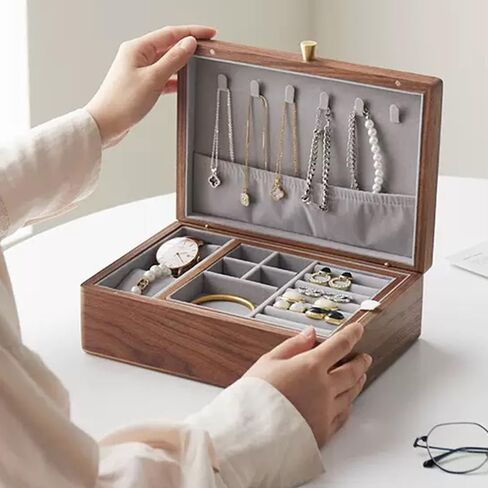 Black Walnut Solid Wooden Jewelry Box for Women, 2 Layer Classical Organizer with Removable Tray for Rings Necklaces Earrings Bracelet Watch Storage Birthday Gifts (2 Layer - White velvet) in Kuwait