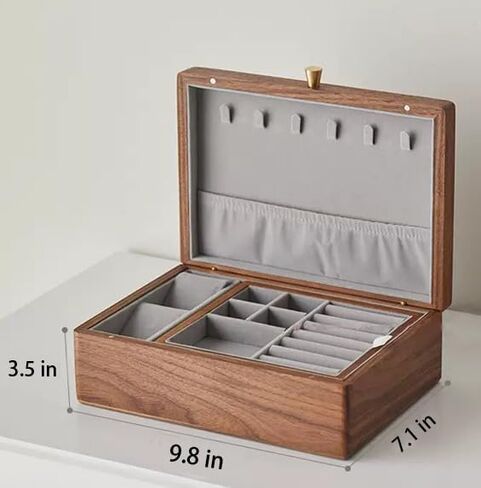 Black Walnut Solid Wooden Jewelry Box for Women, 2 Layer Classical Organizer with Removable Tray for Rings Necklaces Earrings Bracelet Watch Storage Birthday Gifts (2 Layer - White velvet) in Kuwait
