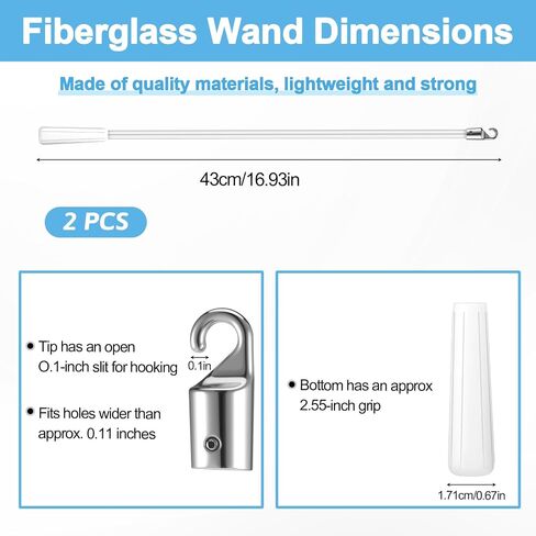 2 Pieces White Fiberglass Blind Wand 17 Inch Vertical Blinds Stick Replacement with Hook and Handle for Window Curtain Door Shades Opener Accessory in Saudi Arabia