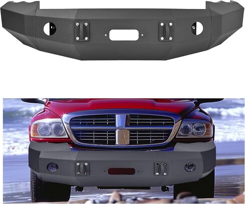 HECASA Front Bumper Compatible with 2002-2005 Dodge Ram 1500 w/Winch Mount & Round Light Hole & Tow Hook Hole Steel Powder Coated Black 3PCs (2 Packages) in Saudi Arabia