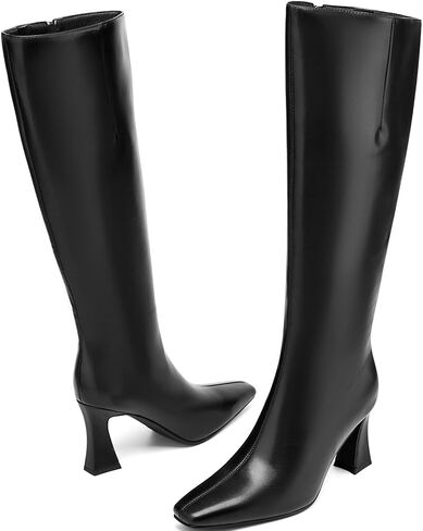 حذاء برقبة للركبة للنساء حذاء متوسط ​​الكعب طويل القامة موضة ساحة تو أحذية طويلة كعب مكتنز مضيئة فستان أحذية لخريف وشتاء in Kuwait