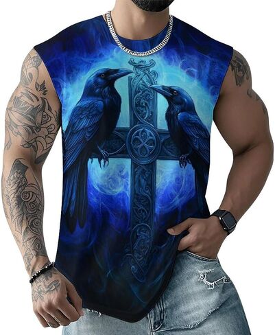 GLUDEAR Men Plus Size Viking Tattoo Tank Top Norse Mythology Odin Raven Graphic Print Workout Gym Muscle Fit Tees Shirts in Saudi Arabia