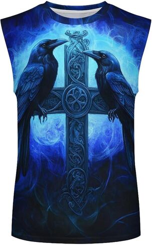 GLUDEAR Men Plus Size Viking Tattoo Tank Top Norse Mythology Odin Raven Graphic Print Workout Gym Muscle Fit Tees Shirts in Saudi Arabia