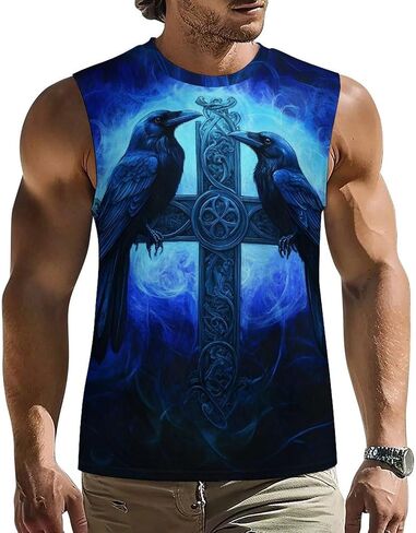 GLUDEAR Men Plus Size Viking Tattoo Tank Top Norse Mythology Odin Raven Graphic Print Workout Gym Muscle Fit Tees Shirts in Saudi Arabia