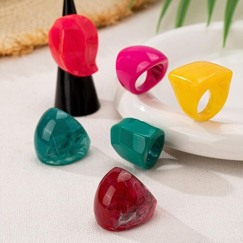 6pcs حلقات راتنج راتنج ملونة مكتنزة للنساء Y2K غير منتظم أكريليك ميدي ميدي حلقة أزياء قوس قزح مربع العبارة حزمة المجوهرات الأصابع in Kuwait