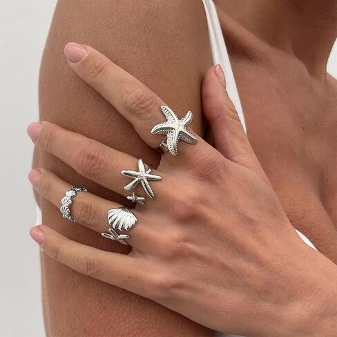 Gold Beach Starfish Seashell Stack Rings Open String in Kuwait