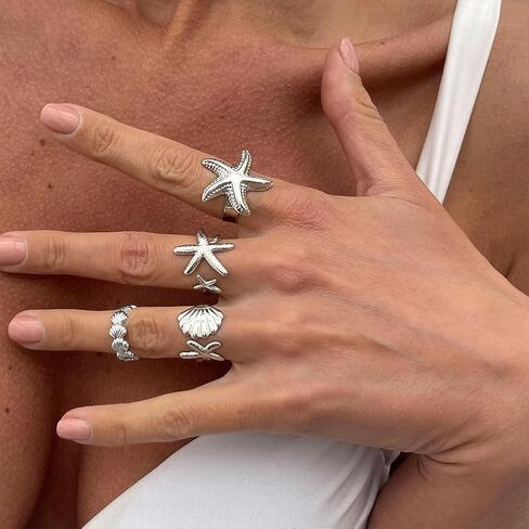 Gold Beach Starfish Seashell Stack Rings Open String in Kuwait