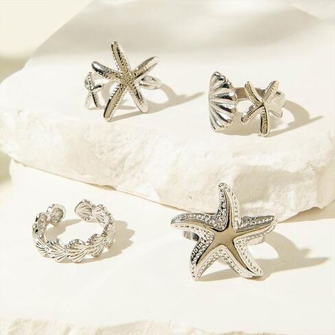 Gold Beach Starfish Seashell Stack Rings Open String in Kuwait