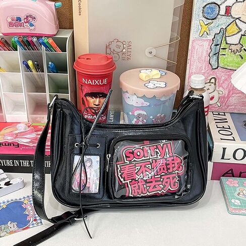 Y2k Fashion Shoulder Bag Kawaii Lolita Ita Bag Badge Display Bag with Two Transparent Display Windows in Kuwait
