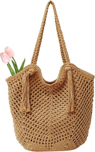 Beices Crochet Beach Beach Bag for Women 2025 Bohemian Counter Base مع بطانة مقاومة للتسرب للسفر في الإجازة الصيفية in Kuwait