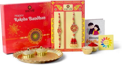SATVIK Couple Rakhi: Bhaiya Bhabhi Rakhi Set with Kumkum Holder Thali, Roli Chawal, Greeting Card, and Soun Stickers - Celebrate Raksha Bandhan with Elegance and Tradition in Saudi Arabia