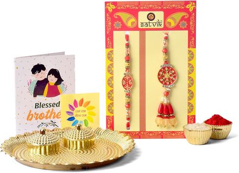 SATVIK Couple Rakhi: Bhaiya Bhabhi Rakhi Set with Kumkum Holder Thali, Roli Chawal, Greeting Card, and Soun Stickers - Celebrate Raksha Bandhan with Elegance and Tradition in Saudi Arabia