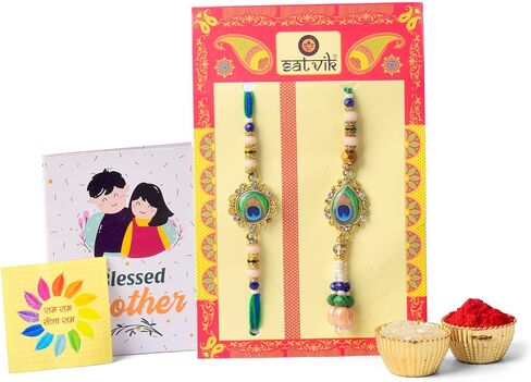 SATVIK Couple Rakhi: Bhaiya Bhabhi Rakhi Set with Kumkum Holder Thali, Roli Chawal, Greeting Card, and Soun Stickers - Celebrate Raksha Bandhan with Elegance and Tradition in Saudi Arabia
