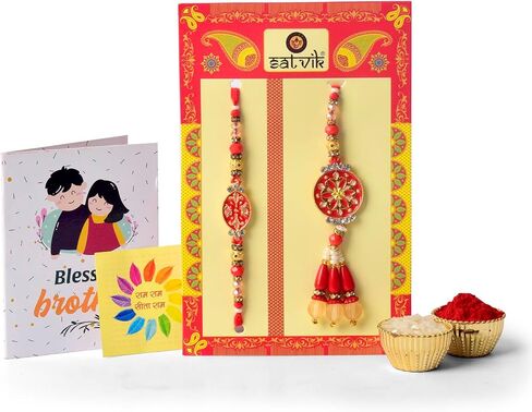 SATVIK Couple Rakhi: Bhaiya Bhabhi Rakhi Set with Kumkum Holder Thali, Roli Chawal, Greeting Card, and Soun Stickers - Celebrate Raksha Bandhan with Elegance and Tradition in Saudi Arabia