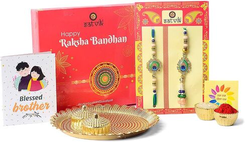 SATVIK Couple Rakhi: Bhaiya Bhabhi Rakhi Set with Kumkum Holder Thali, Roli Chawal, Greeting Card, and Soun Stickers - Celebrate Raksha Bandhan with Elegance and Tradition in Saudi Arabia