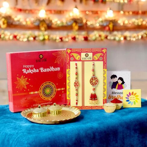 SATVIK Couple Rakhi: Bhaiya Bhabhi Rakhi Set with Kumkum Holder Thali, Roli Chawal, Greeting Card, and Soun Stickers - Celebrate Raksha Bandhan with Elegance and Tradition in Saudi Arabia