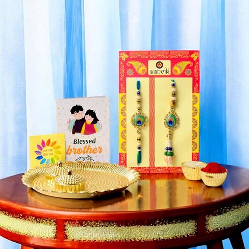 SATVIK Couple Rakhi: Bhaiya Bhabhi Rakhi Set with Kumkum Holder Thali, Roli Chawal, Greeting Card, and Soun Stickers - Celebrate Raksha Bandhan with Elegance and Tradition in Saudi Arabia
