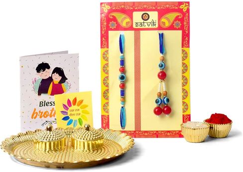 SATVIK Couple Rakhi: Bhaiya Bhabhi Rakhi Set with Kumkum Holder Thali, Roli Chawal, Greeting Card, and Soun Stickers - Celebrate Raksha Bandhan with Elegance and Tradition in Saudi Arabia