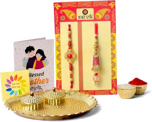 SATVIK Couple Rakhi: Bhaiya Bhabhi Rakhi Set with Kumkum Holder Thali, Roli Chawal, Greeting Card, and Soun Stickers - Celebrate Raksha Bandhan with Elegance and Tradition in Saudi Arabia