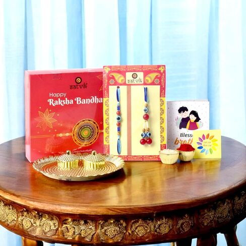 SATVIK Couple Rakhi: Bhaiya Bhabhi Rakhi Set with Kumkum Holder Thali, Roli Chawal, Greeting Card, and Soun Stickers - Celebrate Raksha Bandhan with Elegance and Tradition in Saudi Arabia