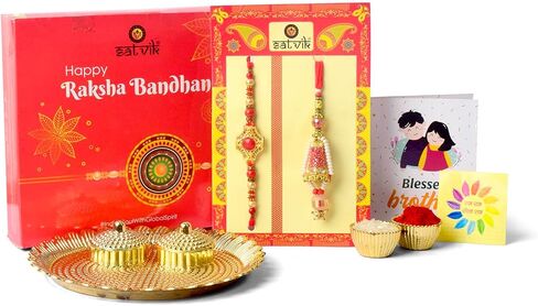 SATVIK Couple Rakhi: Bhaiya Bhabhi Rakhi Set with Kumkum Holder Thali, Roli Chawal, Greeting Card, and Soun Stickers - Celebrate Raksha Bandhan with Elegance and Tradition in Saudi Arabia