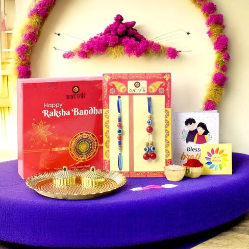SATVIK Couple Rakhi: Bhaiya Bhabhi Rakhi Set with Kumkum Holder Thali, Roli Chawal, Greeting Card, and Soun Stickers - Celebrate Raksha Bandhan with Elegance and Tradition in Saudi Arabia