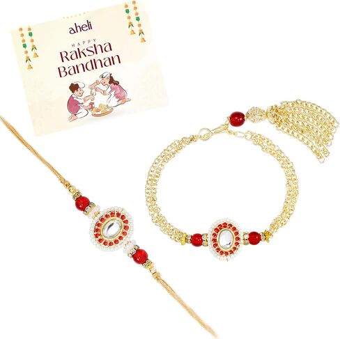 Aheli Red & Gold Color Rakhi & Lumba for Bhaiya & Bhabhi Crystals & Beads Studded Raksha Bandhan Rakhi with Greeting Card (Combo, Pack of 2) in Saudi Arabia