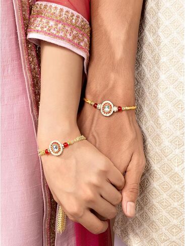 Aheli Red & Gold Color Rakhi & Lumba for Bhaiya & Bhabhi Crystals & Beads Studded Raksha Bandhan Rakhi with Greeting Card (Combo, Pack of 2) in Saudi Arabia