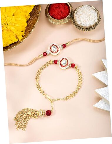 Aheli Red & Gold Color Rakhi & Lumba for Bhaiya & Bhabhi Crystals & Beads Studded Raksha Bandhan Rakhi with Greeting Card (Combo, Pack of 2) in Saudi Arabia