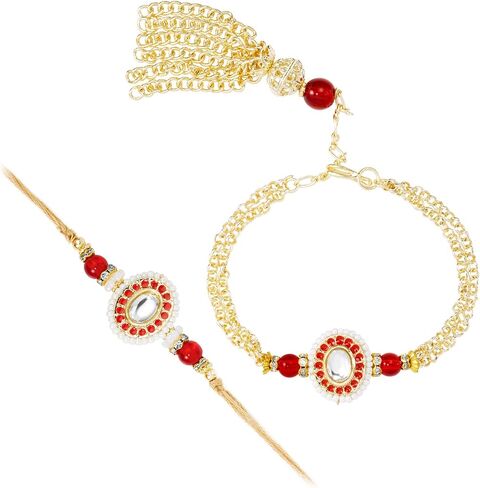 Aheli Red & Gold Color Rakhi & Lumba for Bhaiya & Bhabhi Crystals & Beads Studded Raksha Bandhan Rakhi with Greeting Card (Combo, Pack of 2) in Saudi Arabia