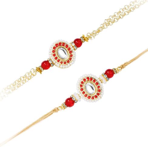Aheli Red & Gold Color Rakhi & Lumba for Bhaiya & Bhabhi Crystals & Beads Studded Raksha Bandhan Rakhi with Greeting Card (Combo, Pack of 2) in Saudi Arabia