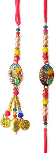 SATVIK Couple Rakhi: Bhaiya Bhabhi Rakhi Set with Kumkum Holder Thali, Roli Chawal, Greeting Card, and Soun Stickers - Celebrate Raksha Bandhan with Elegance and Tradition in Saudi Arabia