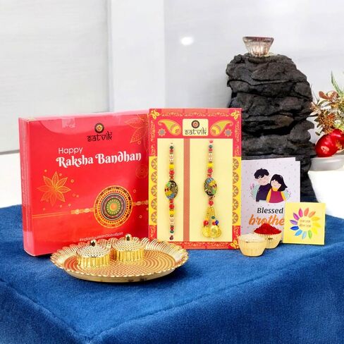 SATVIK Couple Rakhi: Bhaiya Bhabhi Rakhi Set with Kumkum Holder Thali, Roli Chawal, Greeting Card, and Soun Stickers - Celebrate Raksha Bandhan with Elegance and Tradition in Saudi Arabia