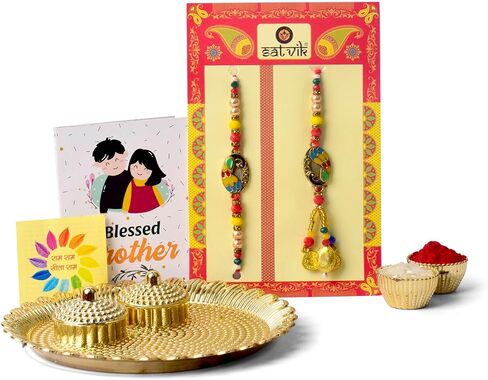 SATVIK Couple Rakhi: Bhaiya Bhabhi Rakhi Set with Kumkum Holder Thali, Roli Chawal, Greeting Card, and Soun Stickers - Celebrate Raksha Bandhan with Elegance and Tradition in Saudi Arabia